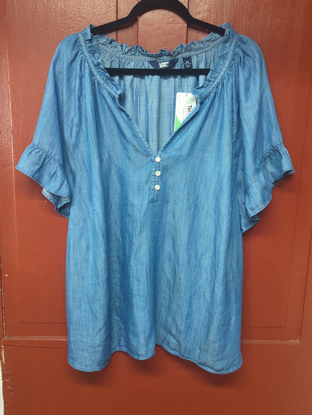 Lands' End Light Blue Chambray Peasant Top